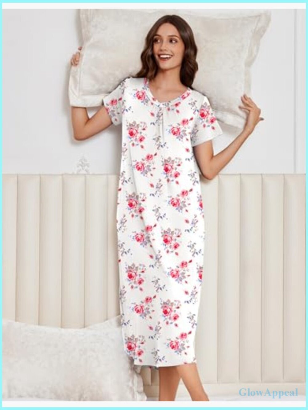 Plus Size Long Nightgown 3 Pack Short Sleeve V Neck Mid-Calf House Dress - Picture 4 of 7